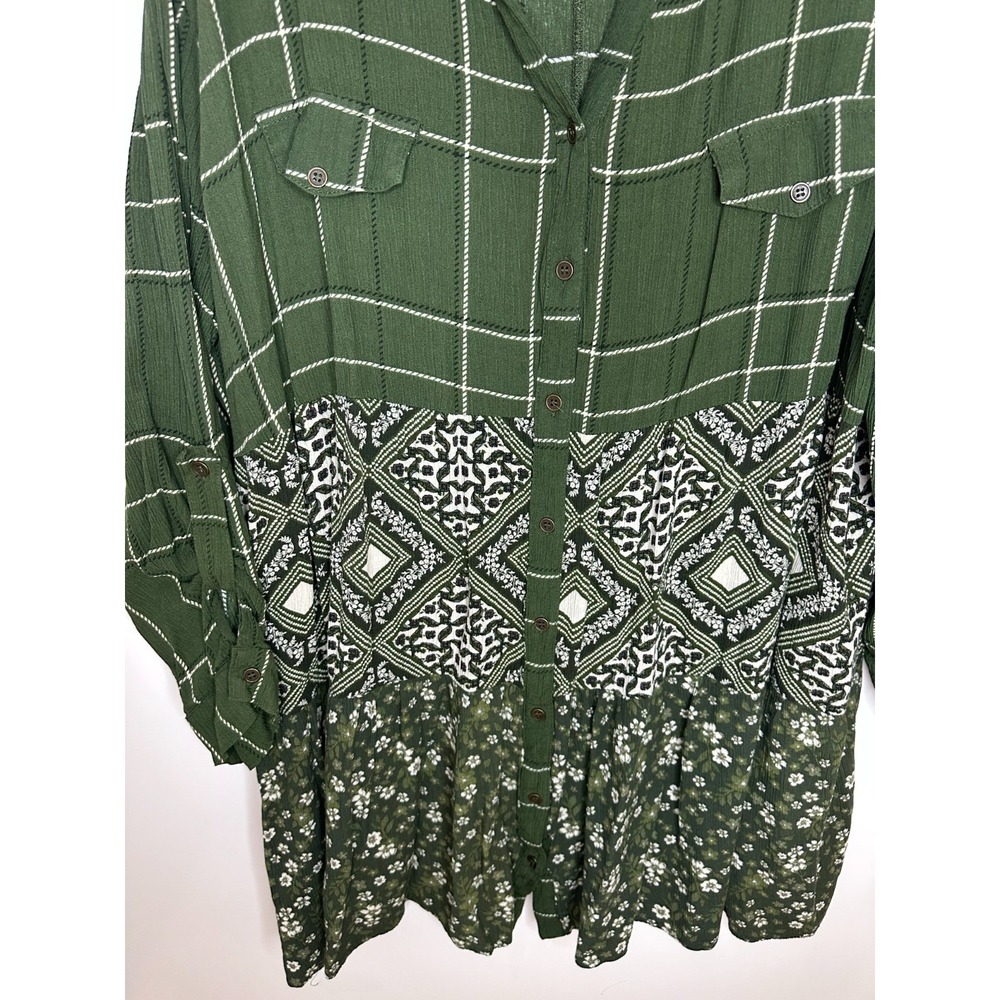 Trueself Mixed Print Plaid Floral Button Tunic Top Green Roll Tab Shirt Size 3X - Picture 7 of 12
